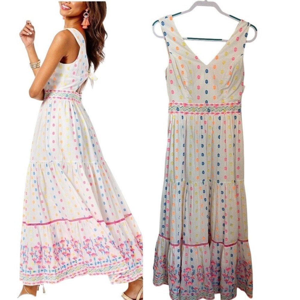 Lilly Pulitzer Charleen Maxi Dress Size 4 Clip Dot Floral Embroidered Tie Back